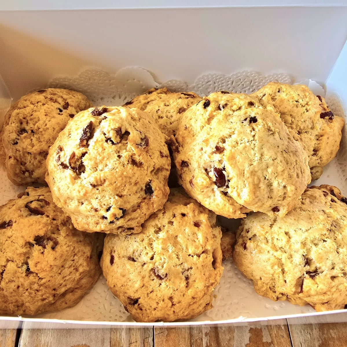 Box of scones with cranberries and orange